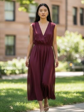 INDRESS Sleeveless V-Neck Burgundy Midi Dress 100% silk organic 
Large